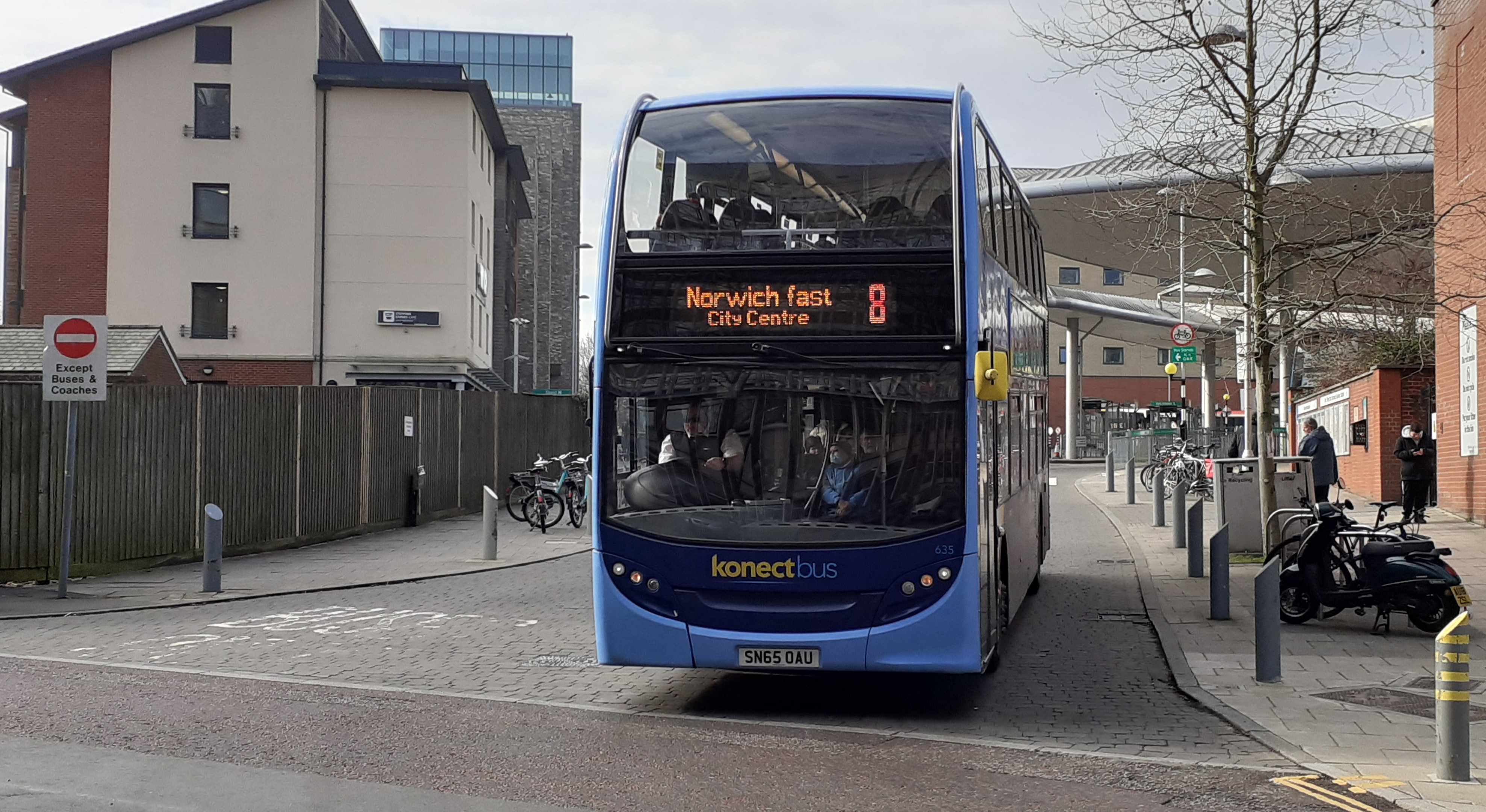 Image of an 8 bus on Norwich Bus Station