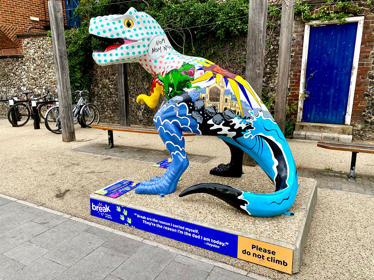 A T-Rex Statue Decorated in a Pop Art Style in Norwich