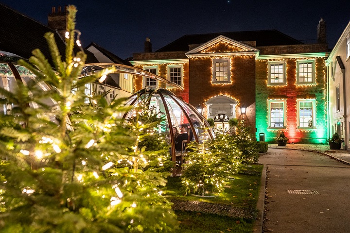 The Assembly House Gardens at Christmas with lit trees 